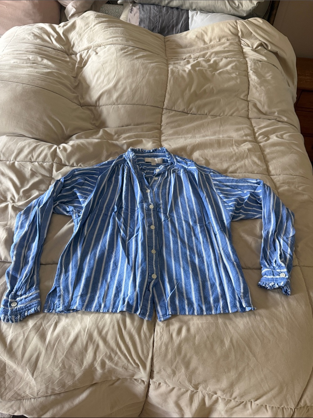 LOFT Blue and White Striped Ruffle Collar Blouse